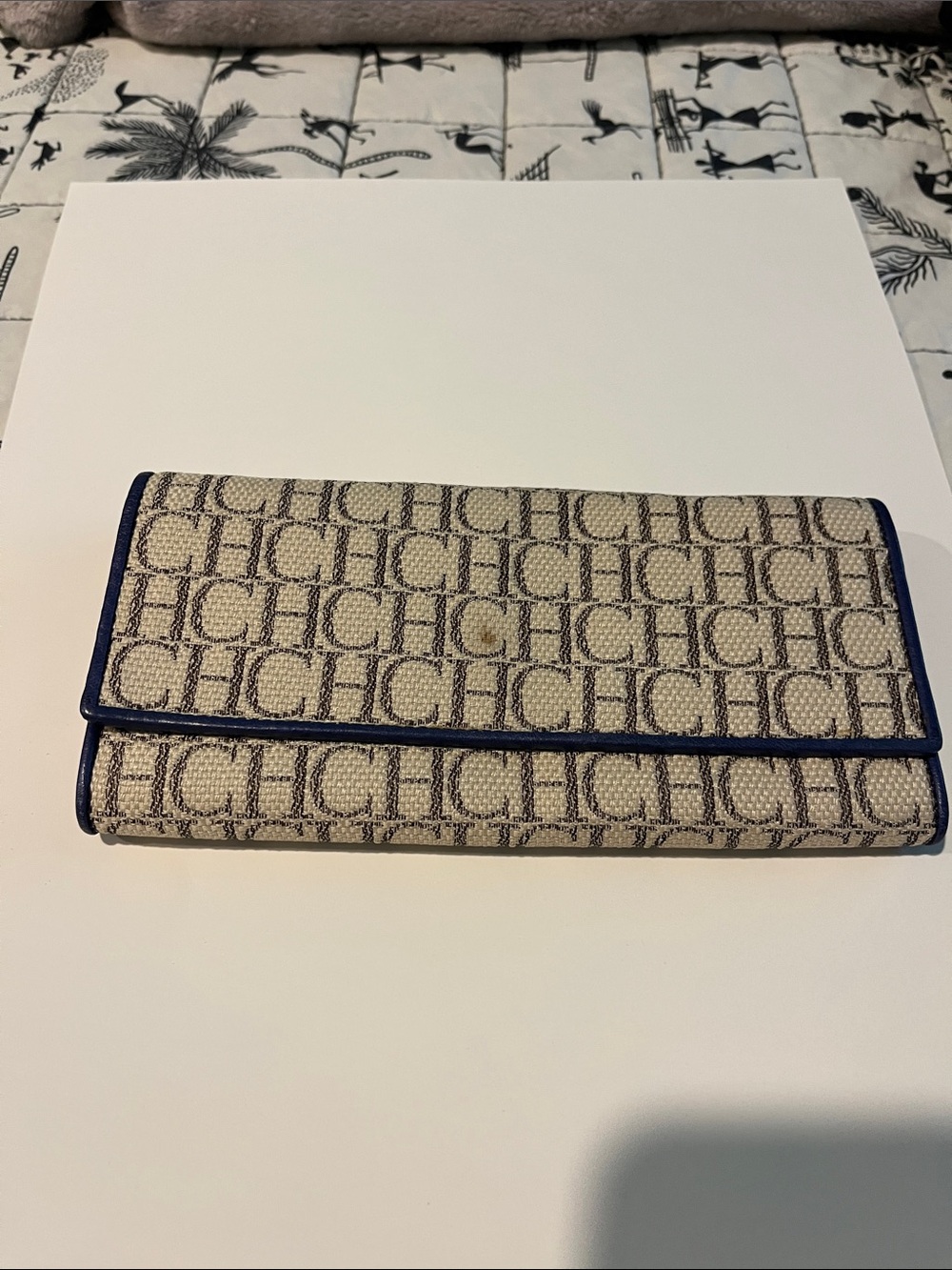 Carolina Herrera Beige Monogram Wallet with Navy Trim and CH Pattern